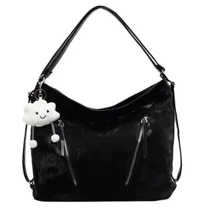 Retro black faux suede tote bag with large capacity, twin zippers, and cloud charm for women