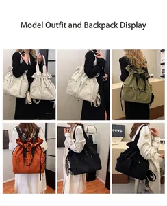 Detail showcasing lightweight nylon cloud backpack in various colors with drawstring closure