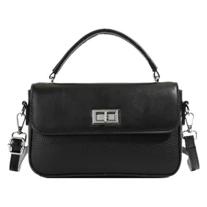 Classic black faux leather handbag with silver twist lock and lychee texture