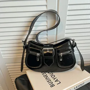 Damen Retro Punk Y2K PU Leder Achseltasche Glänzend Einfarbig Doppelter Reißverschluss Metallschließe Schultertasche Mode Handtasche