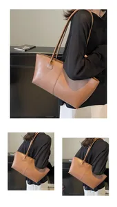 Detailed views of a large brown vintage tote bag with fine leather texture and stitching