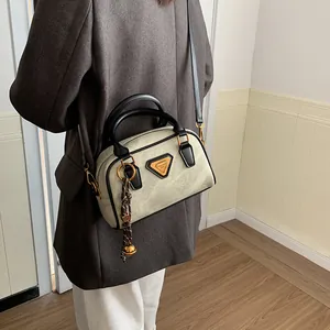 Retro grey and black bowling bag with metal hardware and detachable strap for women