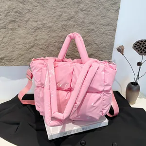 Women Large Capacity Puffer Tote Bag Metallic High Shine Quilted Cotton Padded Shoulder Bag Casual Commuter Handbag