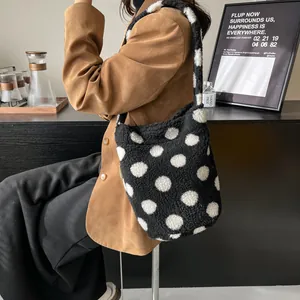 Bolso de peluche con lunares para mujer, textura suave y gran capacidad tipo tote