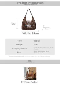 Detailed size chart for the plaid tote bag featuring 35x34x13cm dimensions and fabric info