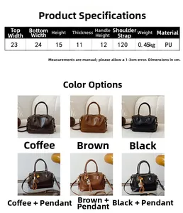 Detailed view of vintage Boston bag dimensions and material options in various colors