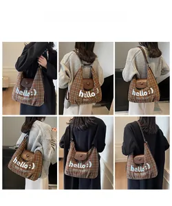 Detail shots showing the brown checkered tote bag with leather flap and hello print