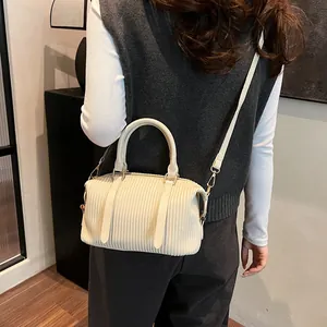 Women Vintage Pleated PU Leather Boston Bag Retro Shoulder Crossbody Bag With Top Handle And Adjustable Strap Fashion Handbag