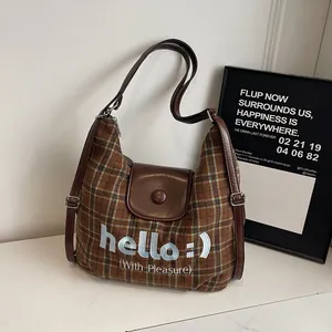 Retro Brown Plaid Woolen Tote Bag Large Capacity Women Commuter Shoulder Bag With Hello Embroidery Casual Fashion Handbag