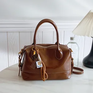 Vintage Women PU Leather Boston Handbag With Abacus Pendant Contrast Stitching Shoulder Bag Retro Crossbody Pillow Bag For Daily Commuting