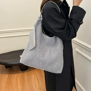 Fleece tote bag for women in grey lamb wool featuring a leather charm and large capacity