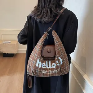Retro brown plaid tote bag with leather strap and Hello embroidery for women