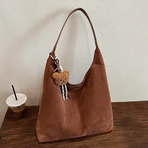 Women Large Capacity Suede Hobo Tote Bag Minimalist Retro Shoulder Bag With Bear Charm Satin Scarf For Commuting Daily Handbag