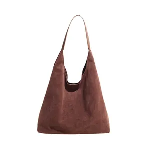 Brown faux suede hobo shoulder bag with minimalist large capacity design for daily commute