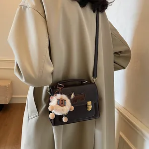 Brown retro crossbody square bag with cute dachshund patch and plush sheep charm accessory