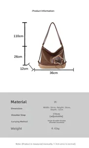 Detaillierte Größenmaße für braune Leder- und Fleece-Patchwork-Tragetasche