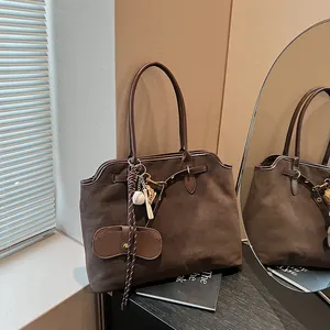 Women Retro Suede Large Capacity Tote Bag Vintage Nubuck Commuting Shoulder Handbag With Eyeglass Case And Baseball Charms