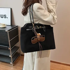 Frosted suede large capacity black tote bag with vintage leather charm for women