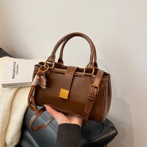 Vintage PU Leather Small Square Bag For Women Retro Large Capacity Shoulder Crossbody Bag With Cartoon Pendant