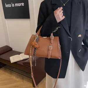 Brown faux leather tote bag with letter embossing and cute bear charm for women