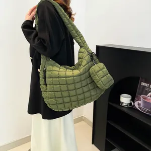 Avocado green quilted cloud tote bag with matching mini pouch and soft nylon texture