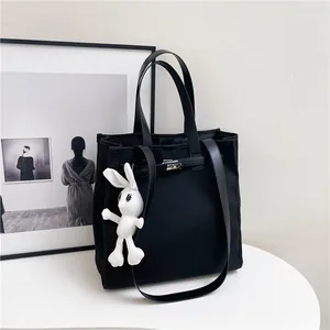 Women Minimalist Canvas Tote Bag Contrast Color Lock Closure Shoulder Bag Large Capacity Handbag With Cute Rabbit Charm
