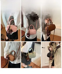 Detail shots of bowling bags in multiple colors with bear charms and patterned scarves