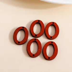 5-piece set of oval reddish-brown wood charms with double holes for DIY jewelry making