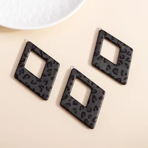 Diamond-shaped leopard print PU leather charms with silver rings for DIY earring making