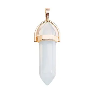 Natural white crystal hexagonal prism pendant with gold plated metal bail connector