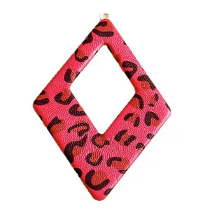 Pink leopard print diamond-shaped PU leather earring pendant with metal ring charm