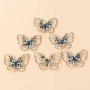 Set di 6 farfalle decorative in pizzo blu-grigio con ricamo dorato per pareti