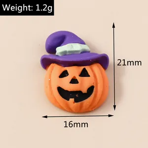 Detail view of 21mm Halloween pumpkin resin charm with a purple witch hat for DIY crafts