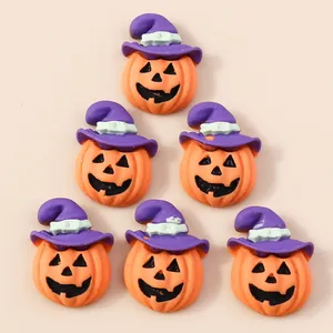 Cartoon pumpkin resin charms with purple wizard hats for Halloween DIY crafts set of 6