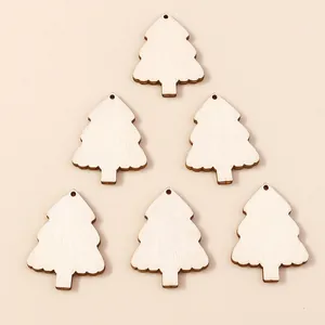 Set of 6 natural wooden Christmas tree ornaments with pre-drilled holes for DIY hanging crafts