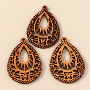 Laser-cut teardrop wooden charms with ethnic hollow patterns for DIY jewelry making