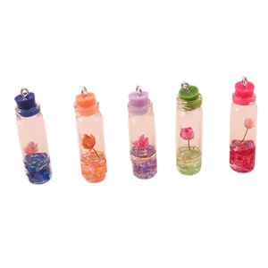 Set of 5 colorful dried flower glass mini bottle pendants with metal rings and stoppers