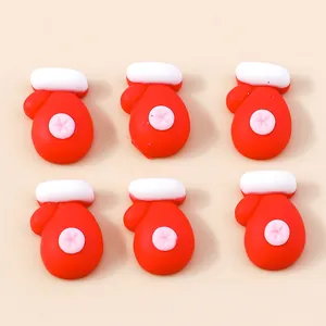 Red Christmas glove resin charms with white trim and pink flower for DIY crafts