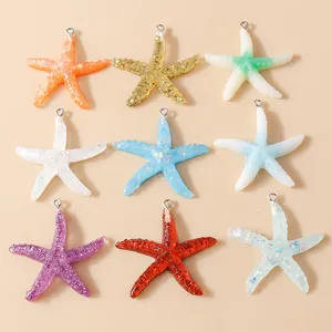 Colorful Resin Starfish Charms With Metal Loop Glitter Foil DIY Craft Pendants For Bracelet Necklace Bag Hanging Accessories Summer Ocean Style