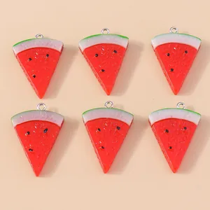 Set of six realistic resin watermelon slice charms with metal rings for DIY jewelry making