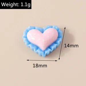 Macro detail of 3D heart resin charm showing 18x14mm size and 1.1g weight specs