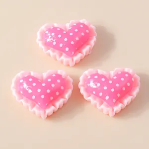 Pink heart resin charms with white polka dots and lace edges for DIY jewelry and phone cases