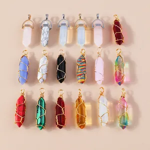 Zeshoekige Kolom Kristal Steen Hanger Set Draadomwikkeld Kogelpunt Kwarts Edelsteen Charms Voor DIY Ketting Sieraden Maken Accessoires