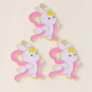 Three cute white rabbit enamel pendants with golden edges for Mid-Autumn DIY jewelry making