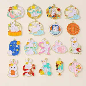 Alloy Enamel Rabbit Mooncake Pendants For DIY Jewelry Making Mid-Autumn Festival Cute Lantern Chang'e Theme Accessories