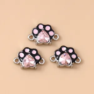 Set de dijes de huella animal con cristales de corazón rosa para joyería artesanal