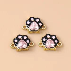 Dijes de huella de perro dorados con circón corazón rosa para pulseras y collares