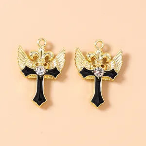Goldene Kreuzflügel-Anhänger mit schwarzer Emaille und Kristall für DIY-Schmuck