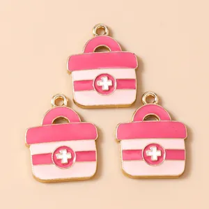 Pink enamel first aid kit alloy charms with medical cross for DIY jewelry making