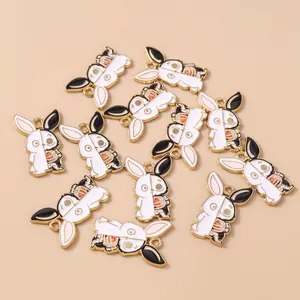 Gothic bunny skull alloy pendants with black and white enamel drip for DIY jewelry making